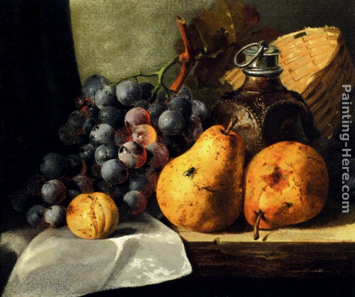 Pears, Grapes, A Greengage, Plums A Stoneware Flask And A Wicker Basket On A Wooden Ledge painting - Edward Ladell Pears, Grapes, A Greengage, Plums A Stoneware Flask And A Wicker Basket On A Wooden Ledge art painting